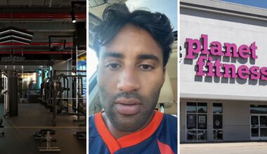 gym interior (l) man shares gym features (c) Planet fitness entrance (r)