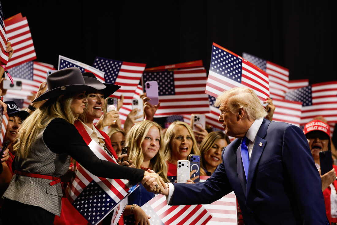 President Trump greets attendees as he walks on stage to speak on the first day of the 2026 Republican National Convention on Sept. 9, 2026 in Dallas, Texas.