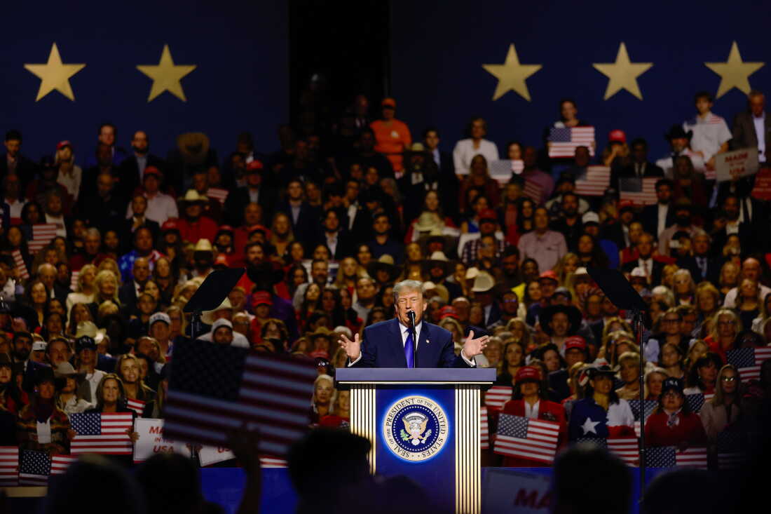 President Trump speaks on stage on the first day of the 2026 Republican National Convention Sept. 9, 2026 in Dallas, Texas.