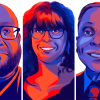 From left, illustrated portraits of Pennsylvania swing voters Stephen, Colleen and John.