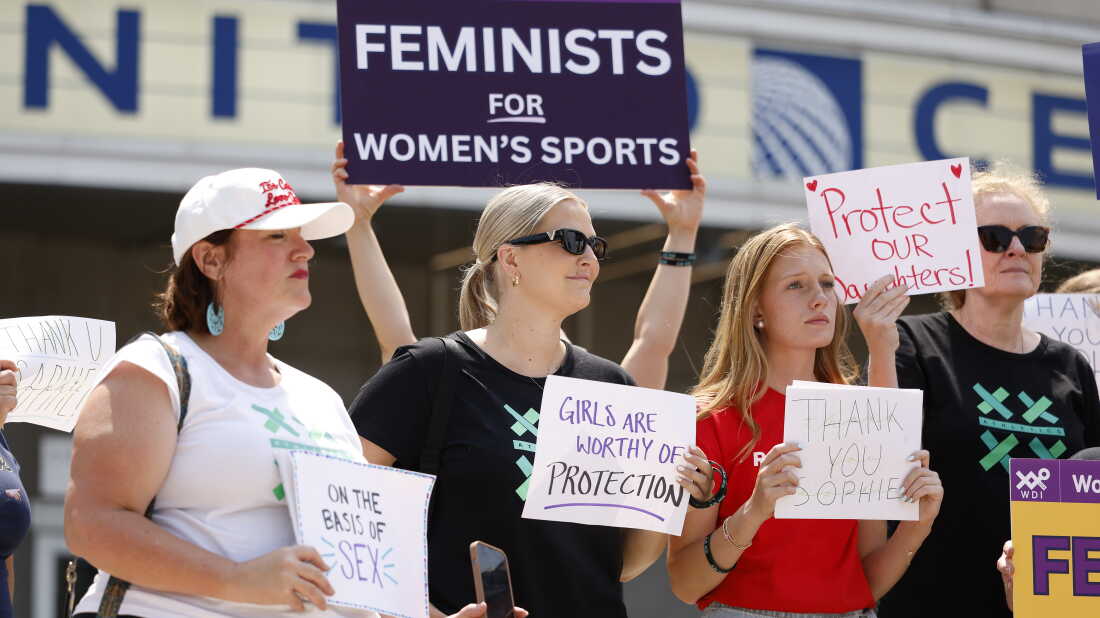 Demonstrators protest outside the United Center in Chicago prior to the game between the Chicago Sky and the Indiana Fever on Aug. 8, 2026.