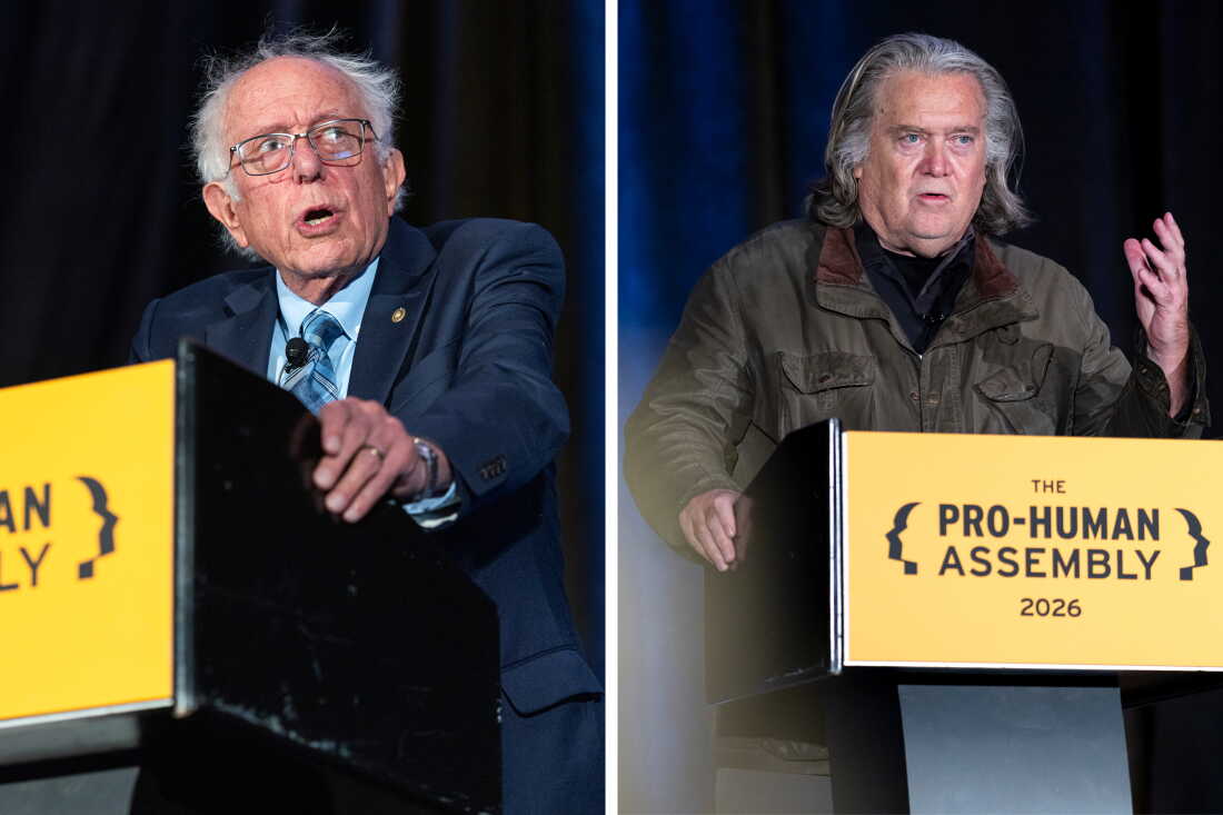 Sen. Bernie Sanders, I-Vt., and former White House Chief Strategist Steve Bannon speak during at the Pro-Human Assembly at the Marriott Marquis Washington on Sept. 15 in Washington, D.C.