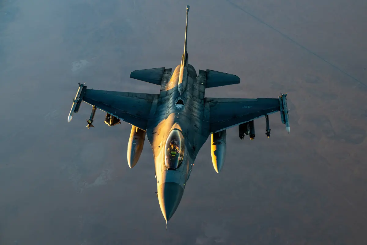 A U.S. Air Force F-16 Fighting Falcon aircraft flies in the U.S. Central Command area of responsibility in this file photo from Sept. 5, 2026. The Texas Military Department said an F-16 crash landed near Interlochen Thursday while conducting routine training exercises. The pilot was able to safely eject from the plane and discharge his parachute. Officials said the pilot is in stable condition and no other injuries have been reported.