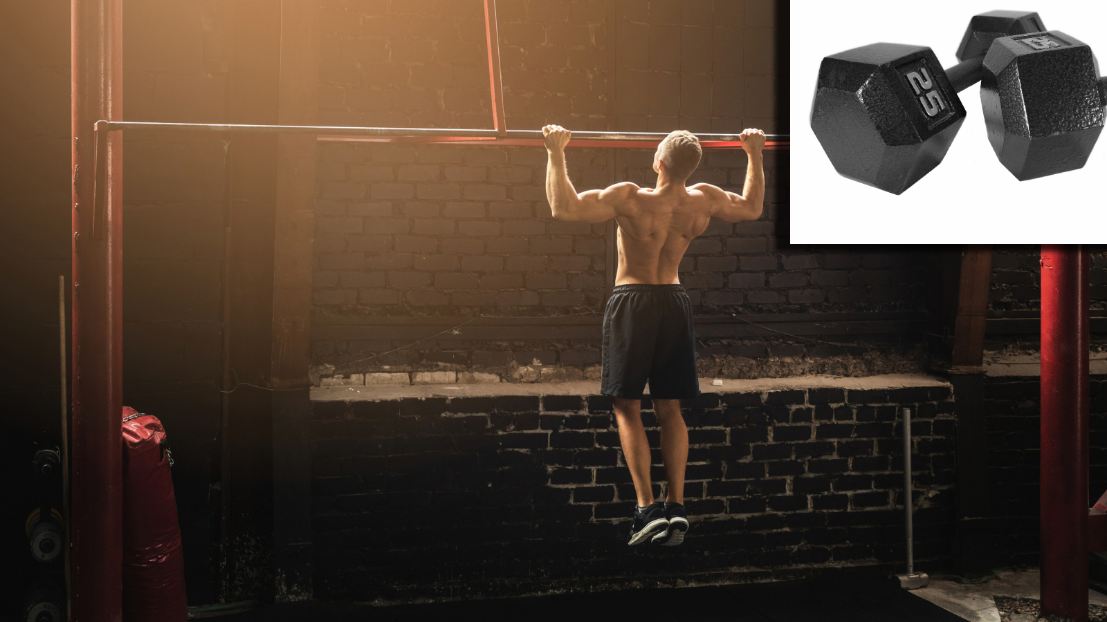 Gym bro doing pull-ups next to 25lb dumbbells used for lateral raise