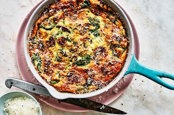 Adam Liaw’s mushroom, spinach and zucchini frittata is high in protein.