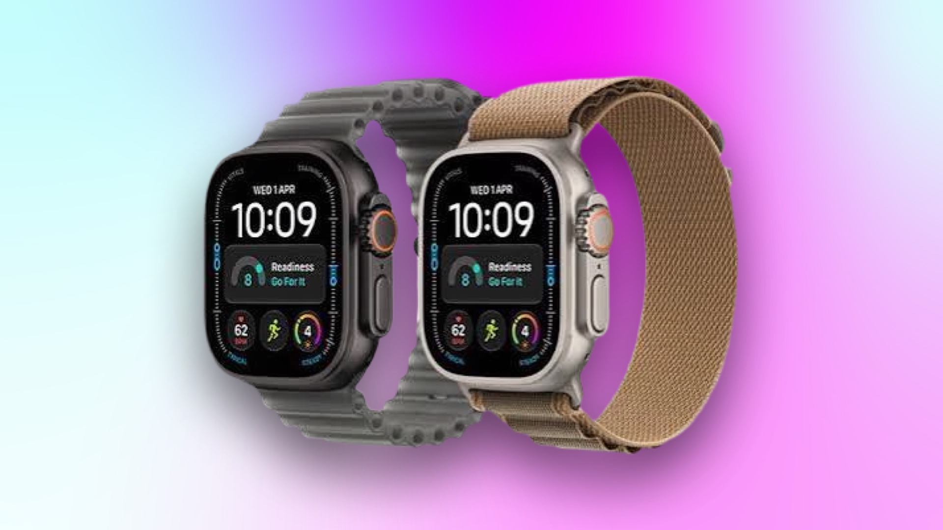 Two Apple watches on a pink CNET background.