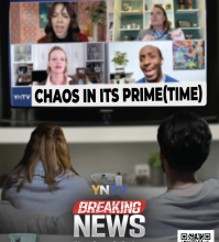 Image Alt Text: Promotional poster for YNTV’s Breaking News, showing two people watching a chaotic four-person video call on television, with the tagline “Chaos in its prime(time)” and “Coming Soon.”