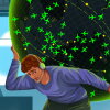 An illustration of a air traffic controller looking sweaty and tired while holding up a large, black globe mapping airplane flights.