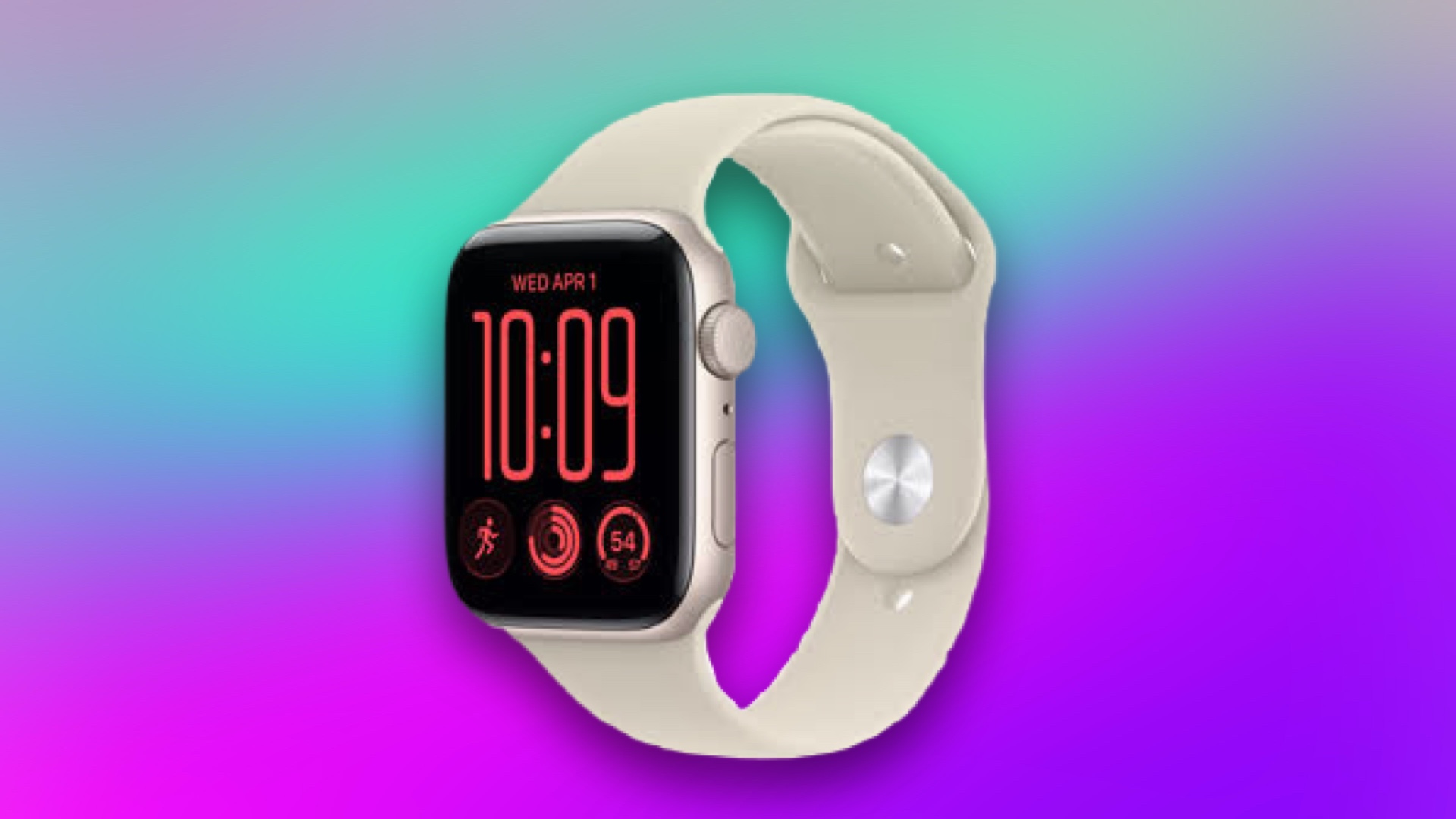 A white Apple watch on a blue CNET background.
