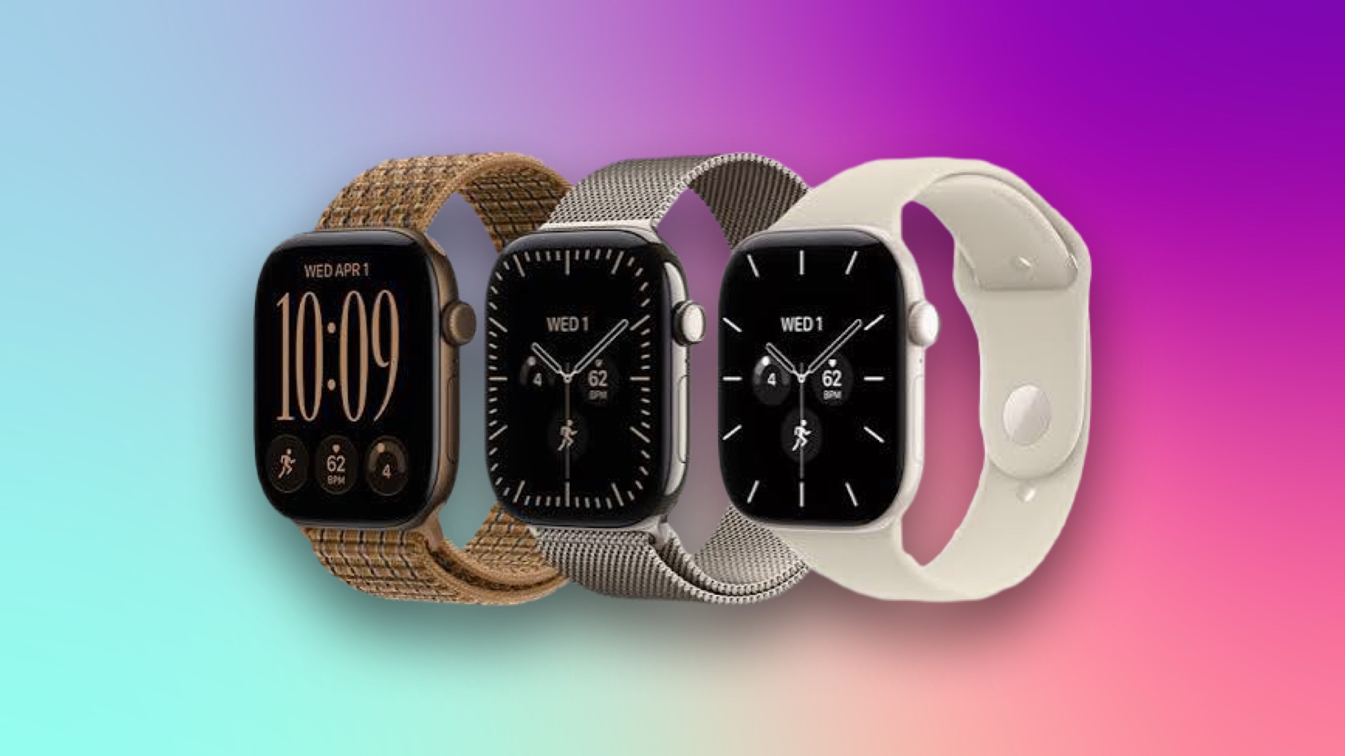 Three Apple watches in brown, white and silver color on a purple CNET background.