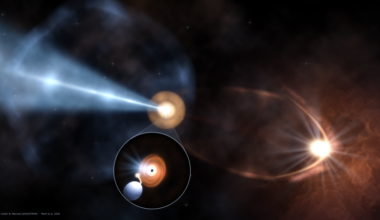 A jet of light pointed left and on the right is a bow of light, plus an inset.