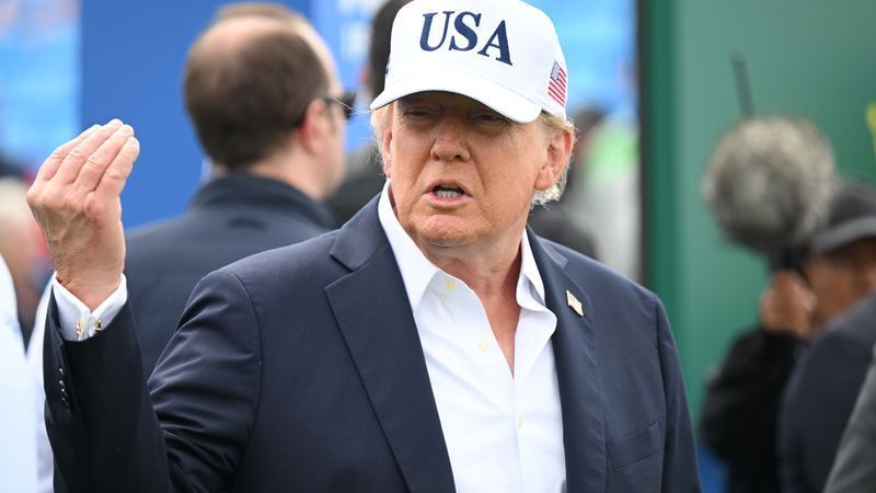 DOONBEG, IRELAND - SEPTEMBER 13: U.S. President Donald Trump gestures as he attends the final day of the Irish Open on September 13, 2026 in Doonbeg, Ireland. U.S. President Donald Trump is making a two-day visit to Ireland this weekend. Today his trip focuses on attending the Amgen Irish Open golf tournament, which is being hosted at his Doonbeg golf resort. (Photo by Charles McQuillan/Getty Images)