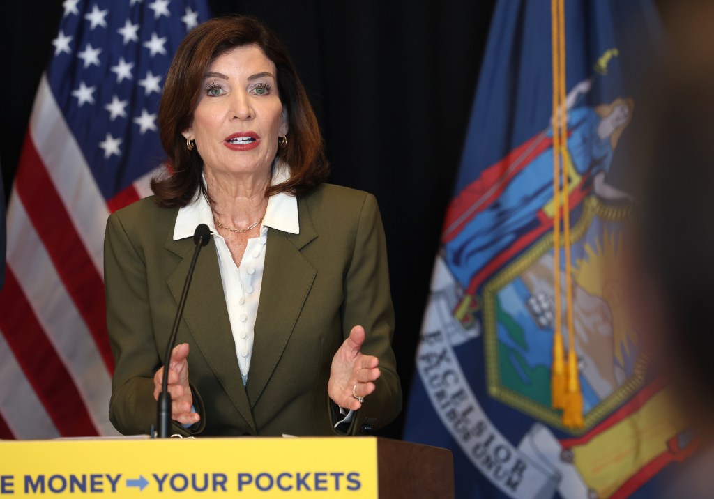 New York Gov. Kathy Hochul speaking at a press conference on energy costs for consumers.