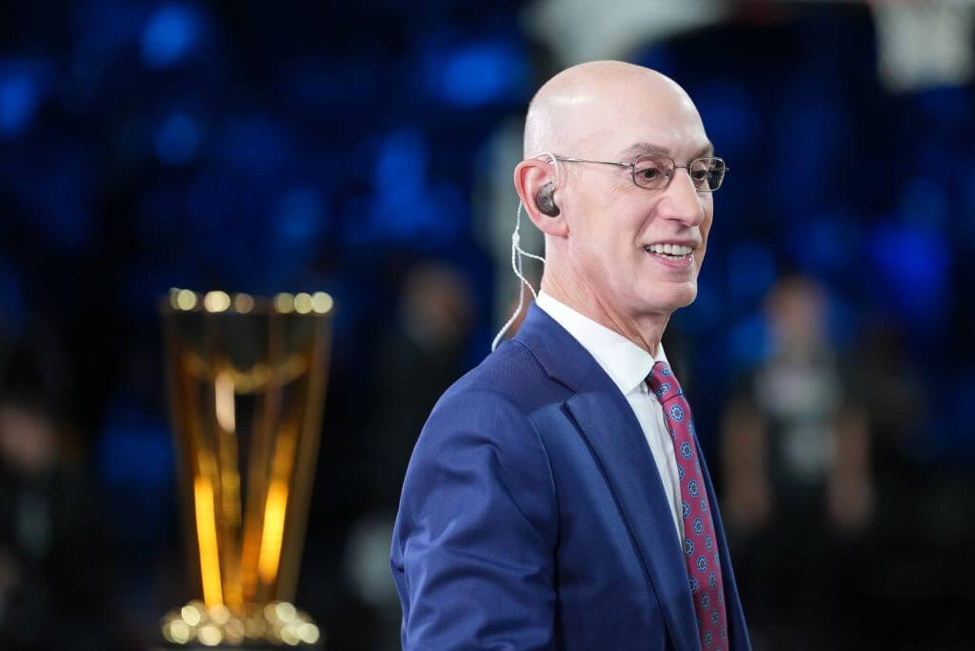 NBA commissioner Adam Silver stands in front of the Emirates NBA Cup.