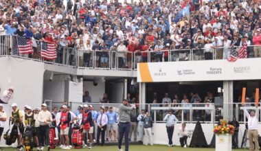 Sep 25, 2026; Medinah, Illinois, USA; Scottie Scheffler of the U.S. Team tees off on the first hole during the second round of the Presidents Cup.