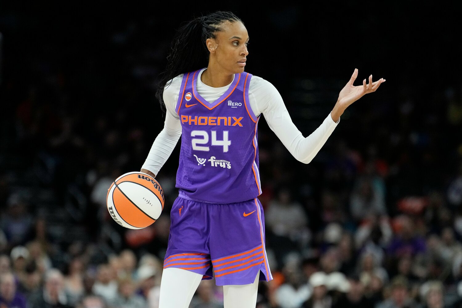 Then-Mercury forward DeWanna Bonner dribbles the ball against the Indiana Fever during a game, Thursday, July 9 at Mortgage Matchup Center in Phoenix. Bonner is now on the Atlanta Dream, who will face the Washington Mystics in the first round of the WNBA playoffs.