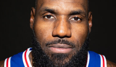 Philadelphia 76ers LeBron James poses for a photo during media day.