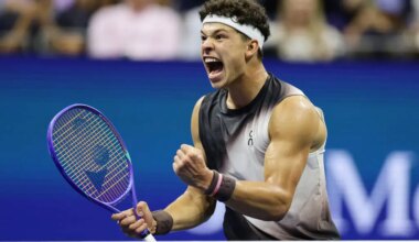 Ben Shelton, of the United States, celebrates after a point in the fifth set against Carlos Alc ...