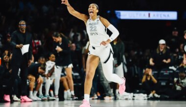 Aces center A'ja Wilson (22) yells for her teammates to defend Minnesota Lynx forward Naph ...