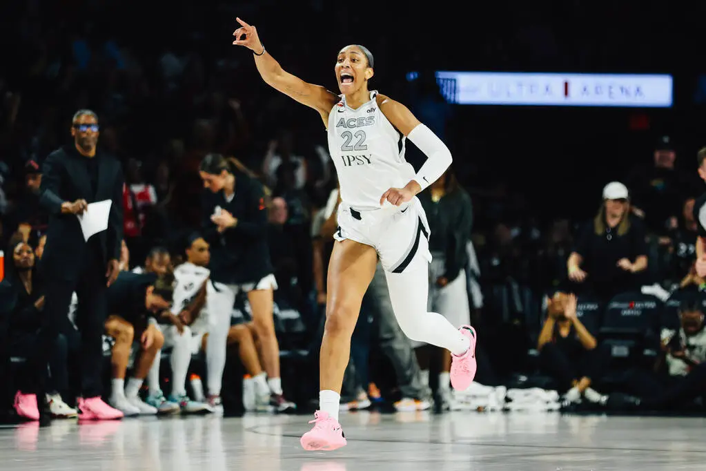 Aces center A'ja Wilson (22) yells for her teammates to defend Minnesota Lynx forward Naph ...