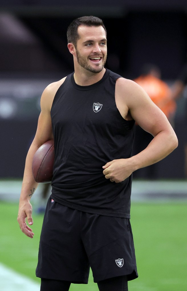 Las Vegas Raiders quarterback Derek Carr warms up before a preseason game against the New England Patriots on Friday, Aug. 26, 2022, at Allegiant Stadium in Las Vegas, Nevada. The Raiders defeated the Patriots 23-6.