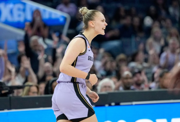 SAN FRANCISCO, CALIFORNIA - JUNE 02: Juste Jocyte #4 of the Golden State Valkyries reacts after making a three-point shot against the Portland Fire in the first half during a WNBA Commissioner's Cup game at Chase Center on June 2, 2026 in San Francisco, California. (Photo by Thearon W. Henderson/Getty Images)