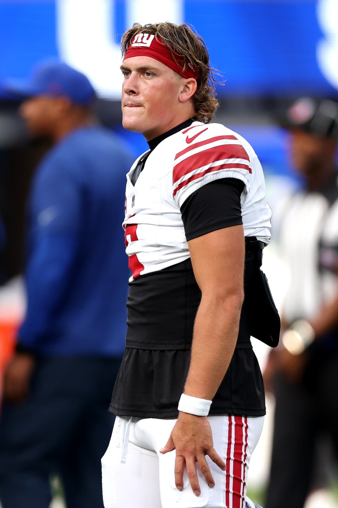 Jaxson Dart of the New York Giants looks on prior to a game against the Los Angeles Rams at SoFi Stadium in Inglewood, California, on Sept. 21, 2026.