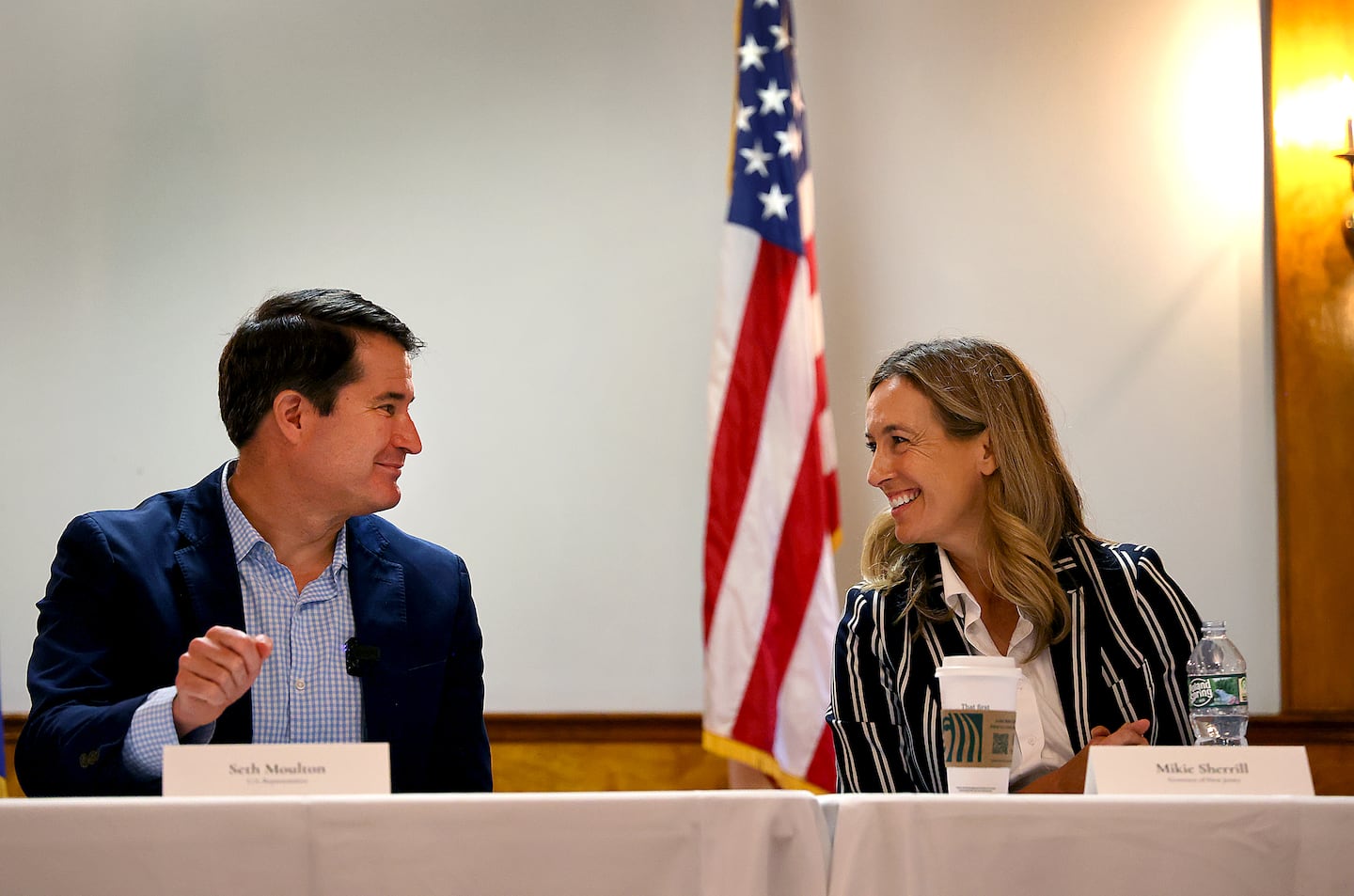 Congressman Seth Moulton campaigned with New Jersey Governor Mikie Sherrill during a roundtable discussion about veterans at the American Legion Post.