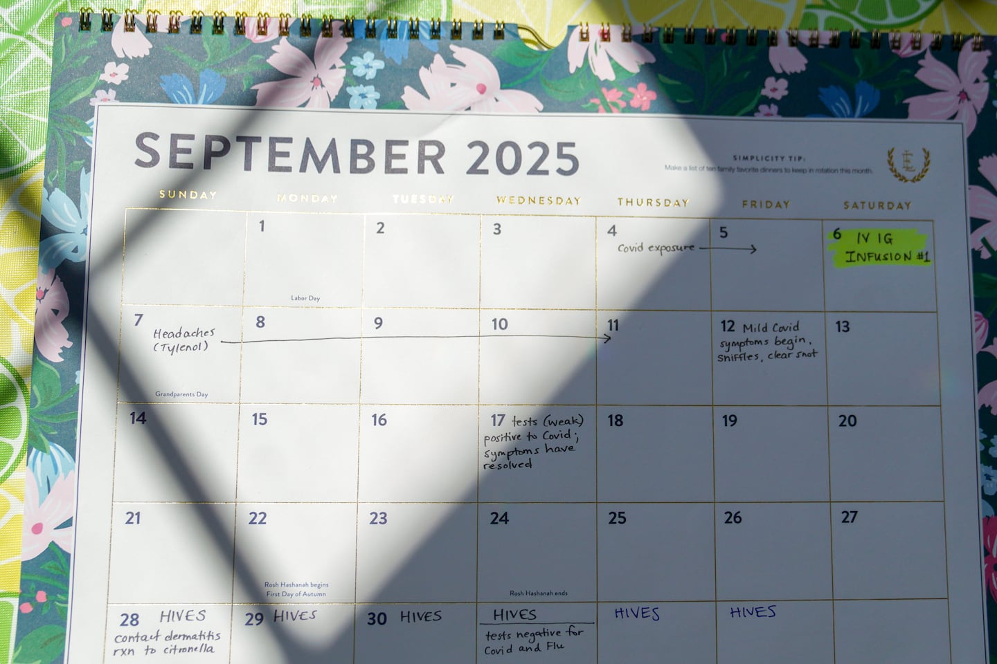 Hilary Eaton keeps notes on a calendar, tracking Olivia's symptoms.