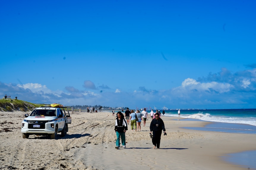 A wide shot of City Beach with people walking along the shore and a whale carcass and a crowd of people in the distance.
