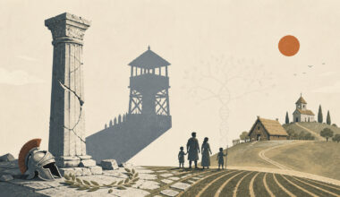 Illustration of farmers on the right walking towards a distant farmhouse and church and walking away from an old roman column and helmet on the left