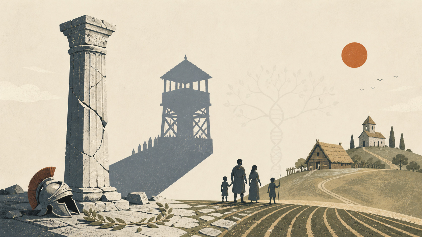 Illustration of farmers on the right walking towards a distant farmhouse and church and walking away from an old roman column and helmet on the left