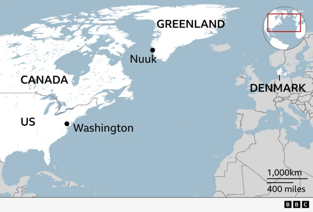Map show di location of Greenland and di capital Nuuk, relatively to Denmark, Canada and United States. Also labelled for di US capital Washington.
