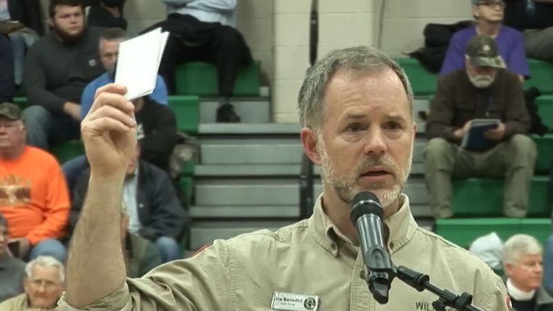 TWRA Wildlife & Forestry Chief Joe Benedict addresses a crowd during a public meeting regarding chrinic wasting disease (CWD). Deer baiting will still be illegal in Tennessee's declared CWD zones. Biologists say congregating deer around bait sites will hasten the potential spread of CWD. (TWRA Photo)