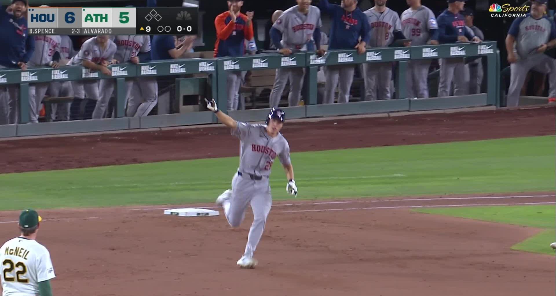 Spence hits first 3 homers of career, helps Astros survive Athletics 7-5 to keep playoff hopes alive