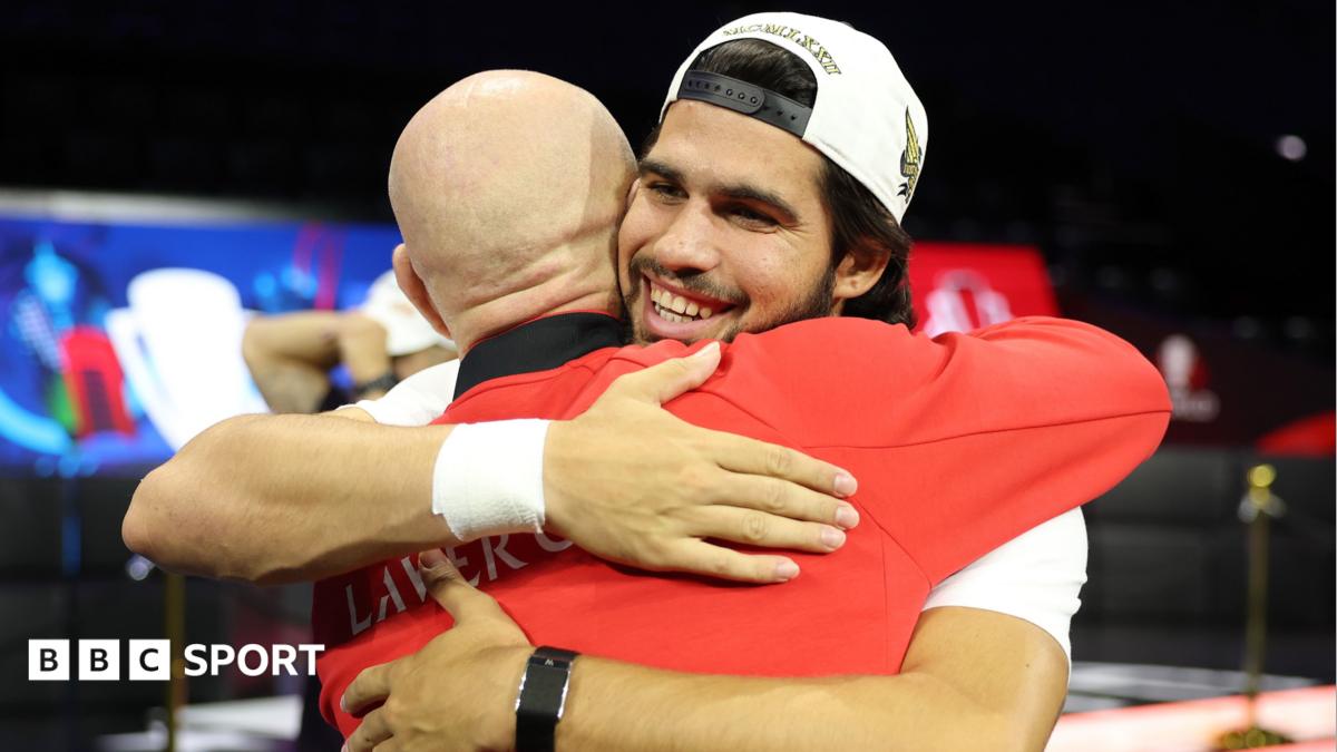 Carlos Alcaraz hugs Andre Agassi at the Laver Cup