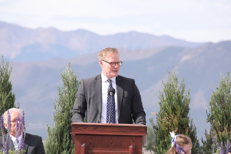 Elder Karl D. Hirst — a General Authority Seventy and member of the Church’s United States Central Area presidency — speaks at the groundbreaking ceremony for the Colorado Springs Colorado Temple on Saturday, Sept. 12, 2026, in Colorado Springs, Colorado.