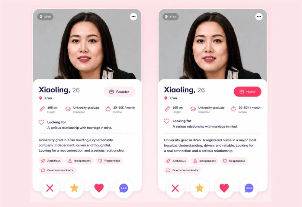 SUPPLIED
An AI-generated, English-language illustration of the experiment using profile photos from Generated Photos to compare responses from dating-site user to profiles of ‘entrepreneurs’ versus other professions.