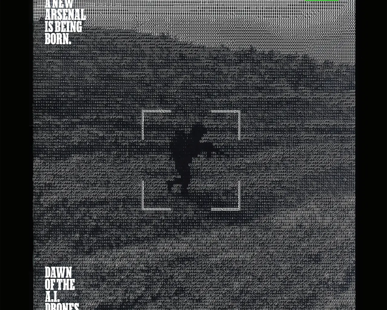 Pixelated grayscale poster for Dawn of the AI Drones by C.J. Chivers, featuring a silhouetted figure and geometric shapes against a textured background with green text overlay