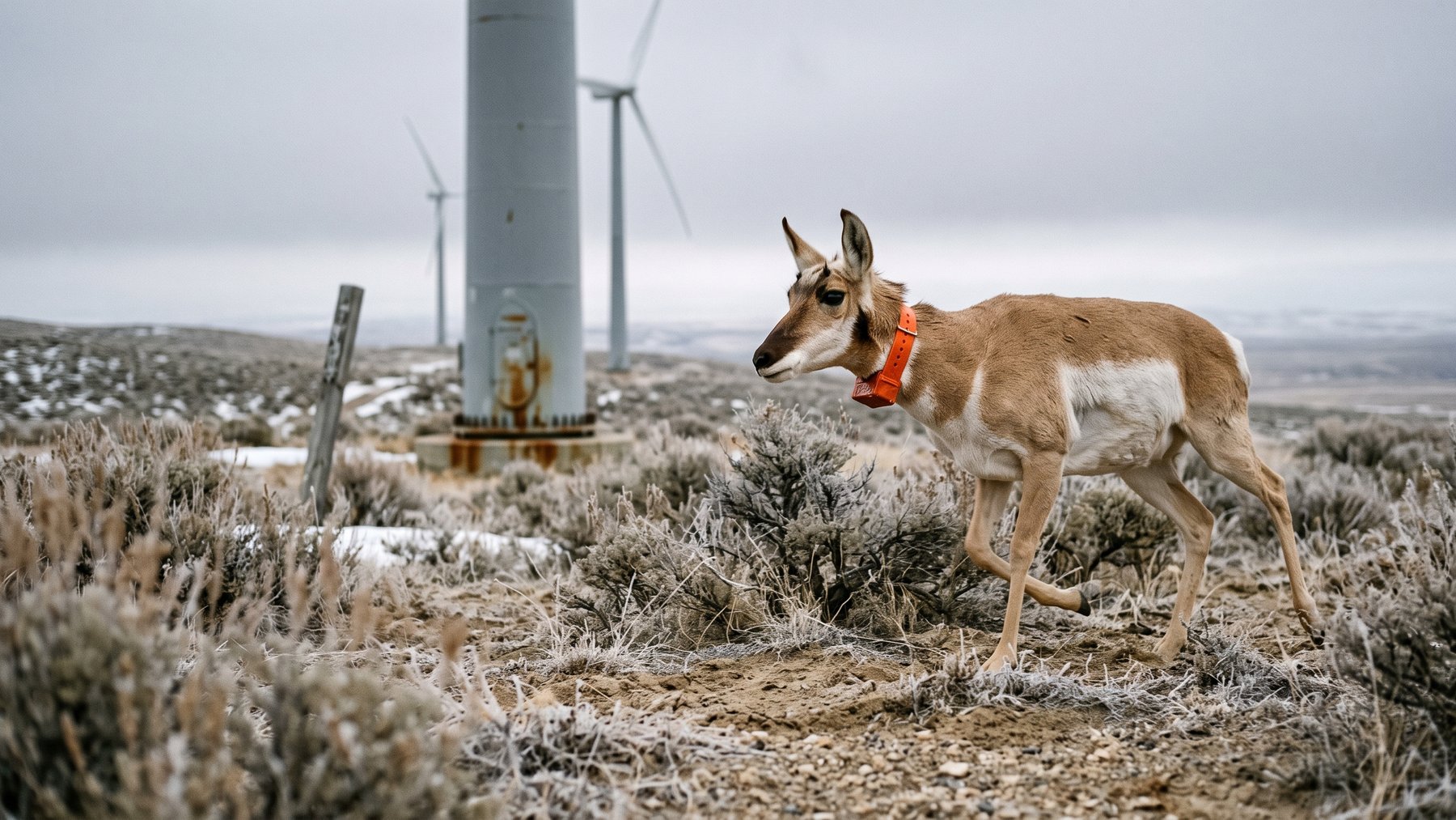 GPS collared pronghorn walking through Wyoming sagebrush near wind turbines, 5 wyoming winters