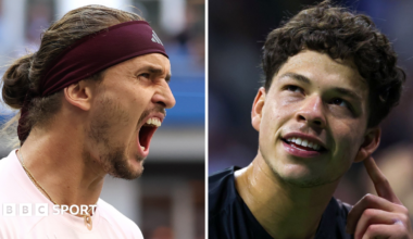 Split picture of Alexander Zverev, who has his mouth wide open in an emotive expression, and Ben Shelton, who is smiling and has a finger raised to his left ear