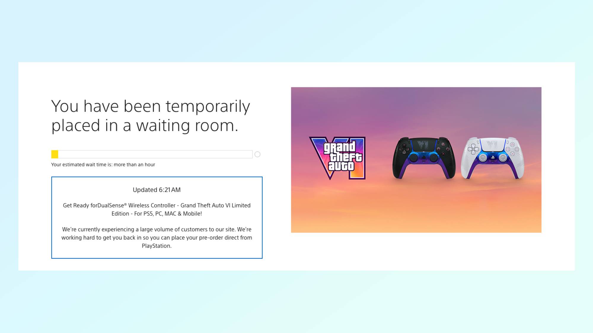 PlayStation Direct virtual waiting room for the GTA 6 DualSense pre-orders
