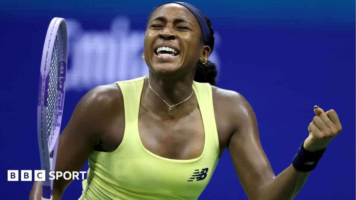 Coco Gauff clenches her fist and yells in celebration after beating Paula Badosa at the US Open