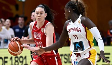Breanna Stewart (left) scored a team-high 16 points as the United States defeated Spain to reach the final of the FIBA Women's Basketball World Cup in Berlin.