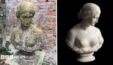 A composite image showing a before versus after of the sculpture. On the left it is tucked away near a brick wall in an overgrown garden, covered in lichen. On the right it has been cleaned and the white marble is shining against a black background.