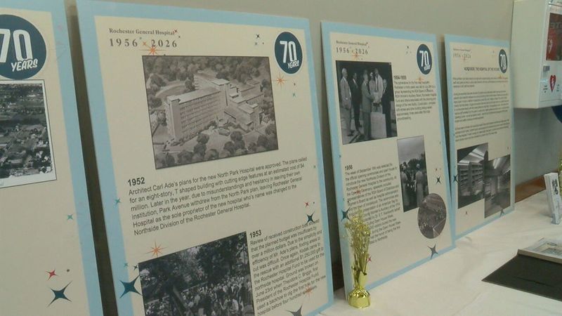 A timeline of Rochester General Hospital's history is displayed during a 70th anniversary celebration at its Portland Avenue campus Wednesday, Sept. 16, 2026. (Photo by Mark Schuman/WHAM)