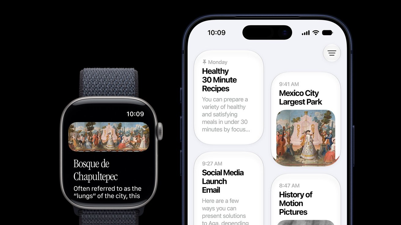 Apple Watch and iPhone displaying a synchronized Siri app, with park and recipe articles in rounded cards on a white phone screen and a matching park article on the watch face