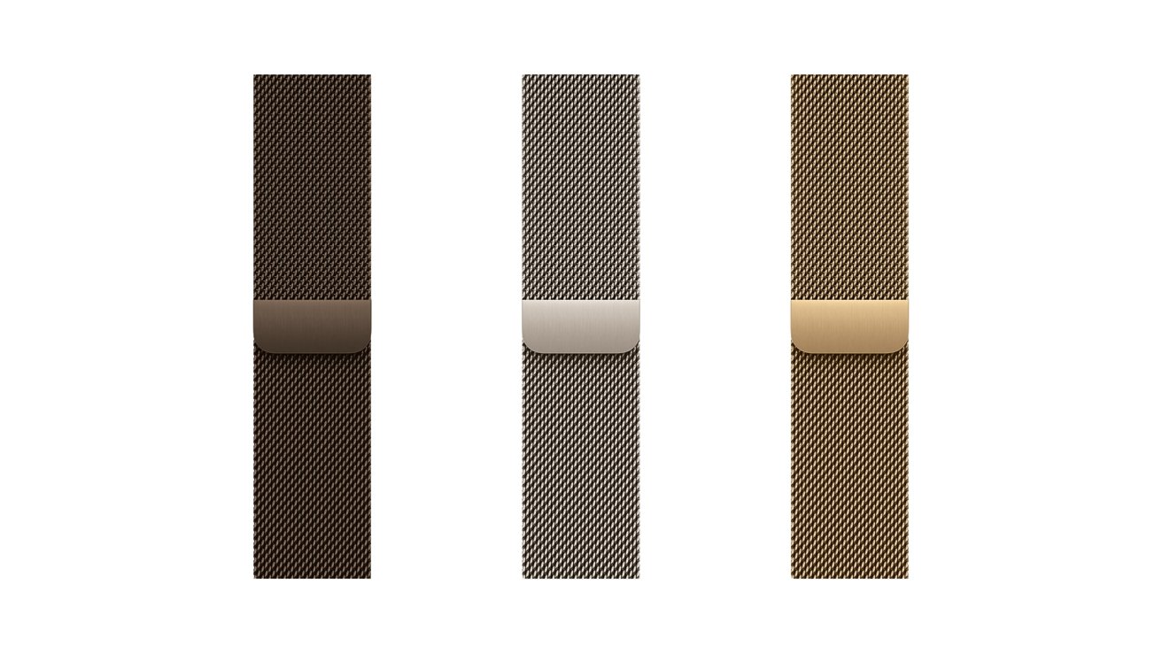 Three vertical mesh metal watch bands in dark brown, silver, and gold tones, each with a matching magnetic clasp, displayed side by side on a plain white background