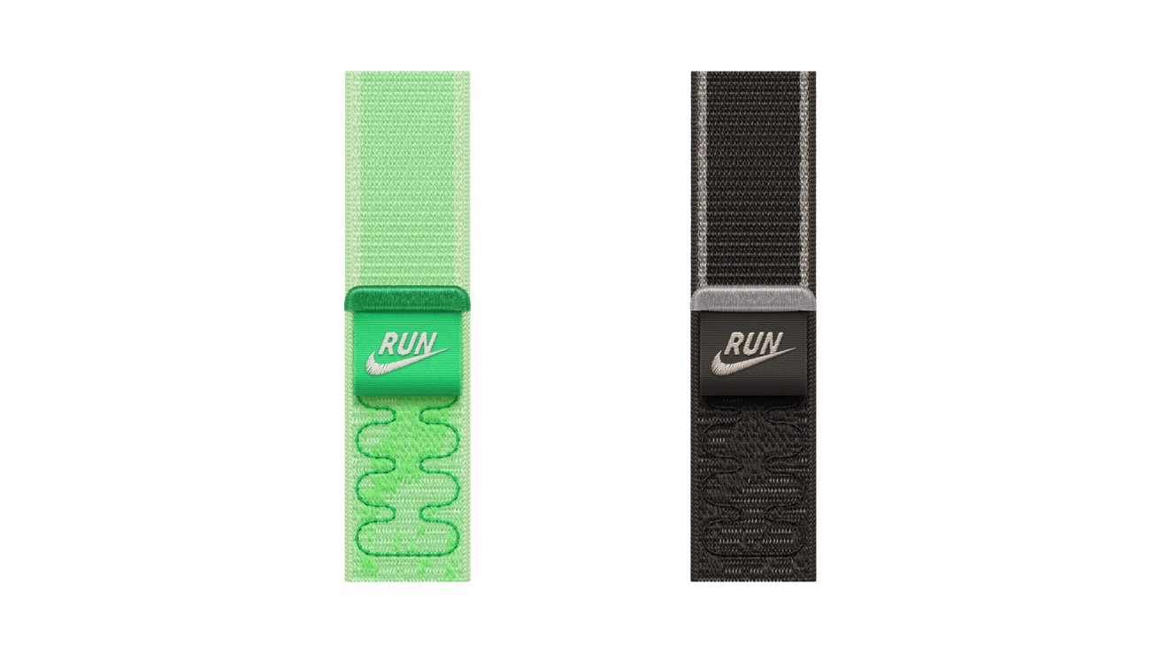 Two Nike wristbands side by side: one bright green with a green clasp labeled RUN, the other black with a black clasp labeled RUN, both featuring textured fabric straps