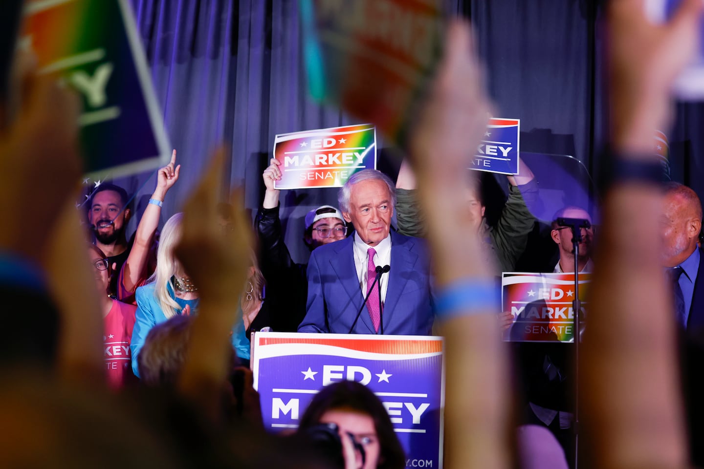 Senator Ed Markey delivers his victory speech in Boston.